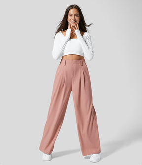 High Waisted Plicated Side Pocket Wide Leg Waffle Work Pants - White Horse Active