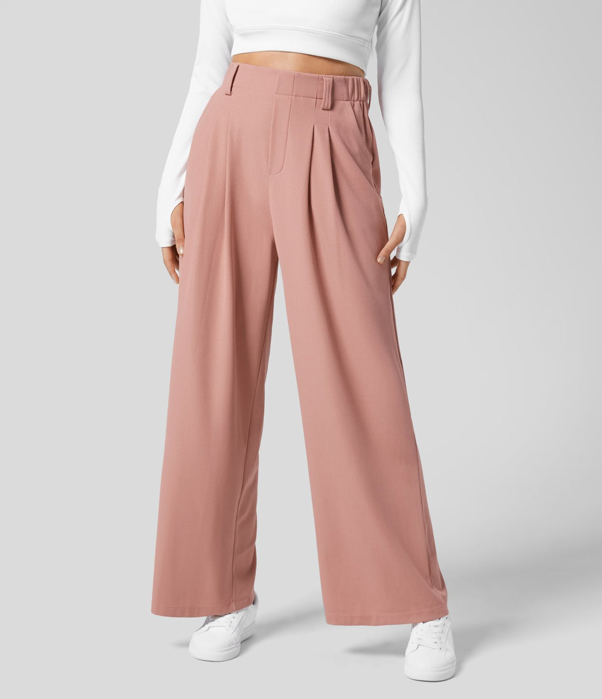 High Waisted Plicated Side Pocket Wide Leg Waffle Work Pants - White Horse Active