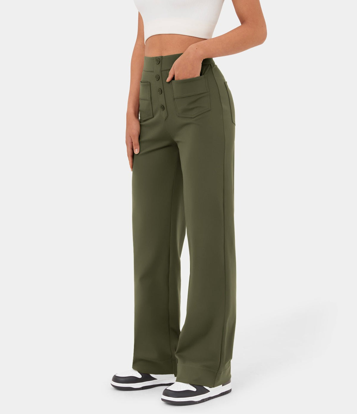 MotionFit™ High - Waist Everyday Casual Pants - Forest Green - White Horse Active